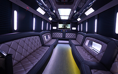 Inside a White Limo Party Bus from our Party Bus Rentals